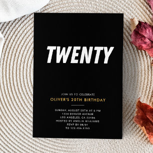Twenty Simple Black & Gold 20th Birthday Party Invitation