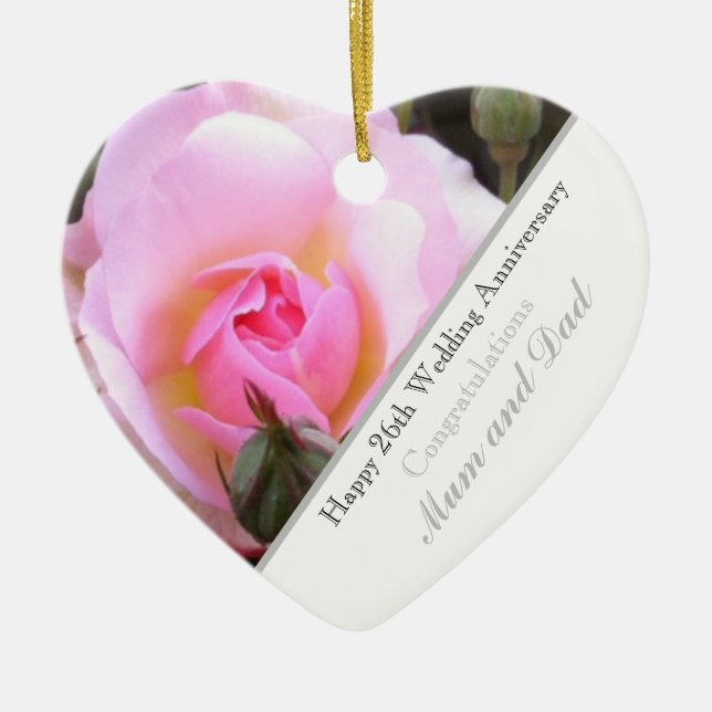 Twenty Sixth Wedding Anniversary Rose Heart Ceramic Tree Decoration (Front)