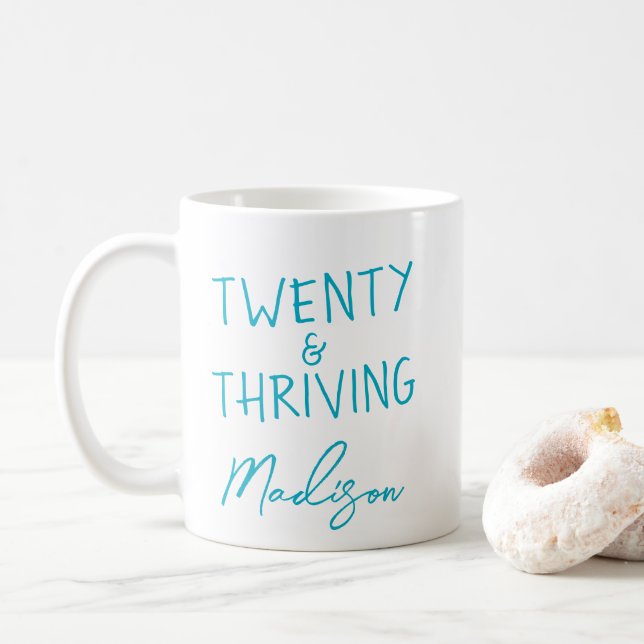 TWENTY & THRIVING 20th Birthday Funny Personalised Coffee Mug (With Donut)