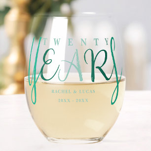 Twenty Year Wedding Anniversary Gift Emerald Green Stemless Wine Glass