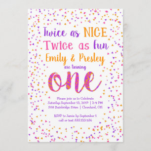 Twice as Nice Confetti Twin Girls First Birthday Invitation