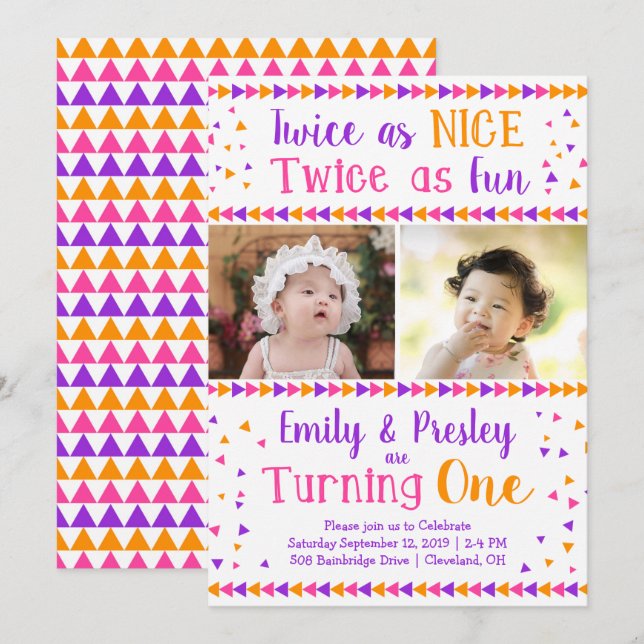 Twice as Nice Twin Girls First Birthday Invitation (Front/Back)