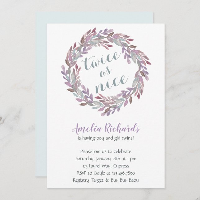 Twice as Nice | Twins Boho Wreath Baby Shower Invitation (Front/Back)