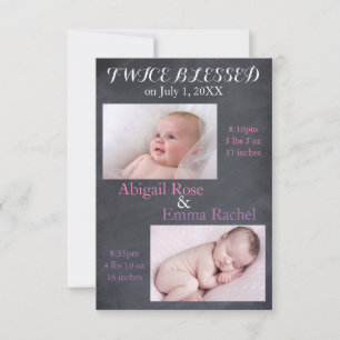 Twice Blessed Twin Girls - 3x5 Birth Announcement