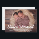 Twice Blessed | Twins Baby Photo Announcement<br><div class="desc">Twins baby birth announcement in neutral colours to introduce your darling newborn twins to friends and family. Twice Blessed is written in a charming marker script. The back features a mint green fern pattern.</div>
