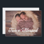 Twice Blessed | Twins Baby Photo Announcement<br><div class="desc">Twins baby birth announcement in neutral colours to introduce your darling newborn twins to friends and family. Twice Blessed is written in a charming marker script. The back features a mint green fern pattern.</div>
