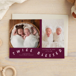 Twice Blessed Typography Cranberry Birth Announcement