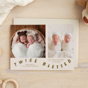 Twice Blessed Typography Cream Birth  Announcement