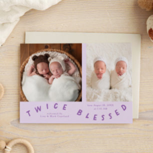 Twice Blessed Typography Lilac Birth  Announcement