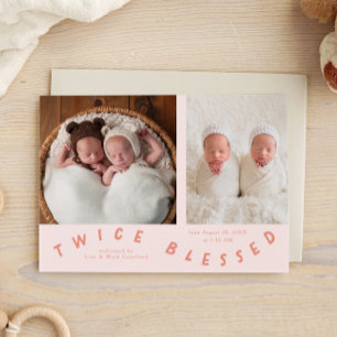 Twice Blessed Typography Peach Birth Announcement