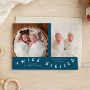 Twice Blessed Typography Teal Birth  Announcement