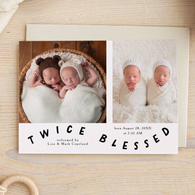 Twice Blessed Typography White Birth Announcement (Creator Uploaded)