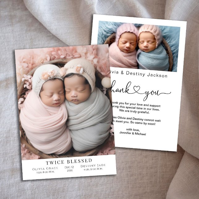 Twice Blesssed Photo Birth Flat Announcement Card (Creator Uploaded)