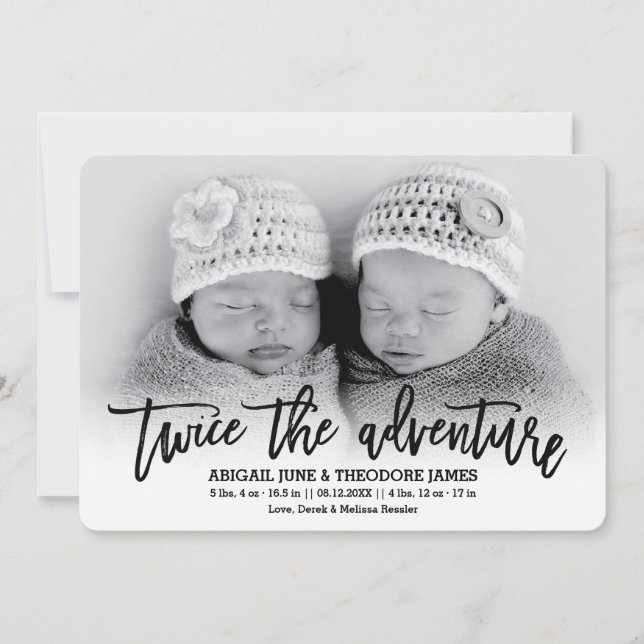 Twice the Adventure Modern Twins Birth Announcemen Announcement (Front)