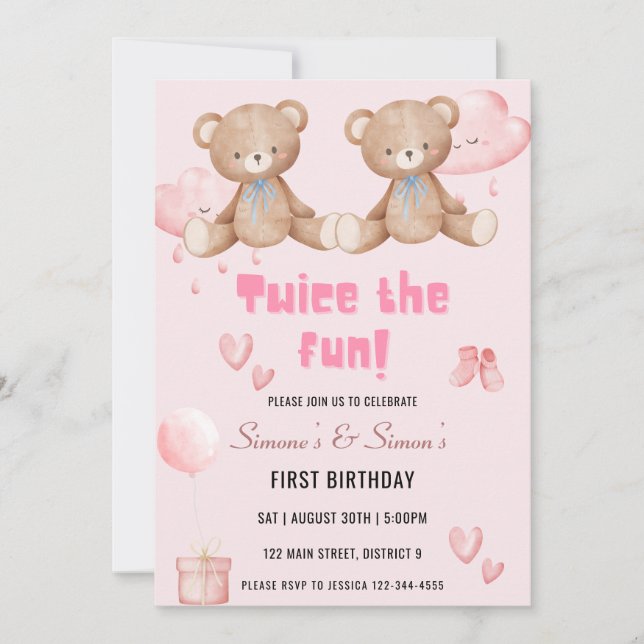Twice The Fun Twin Birthday Party Invitation (Front)