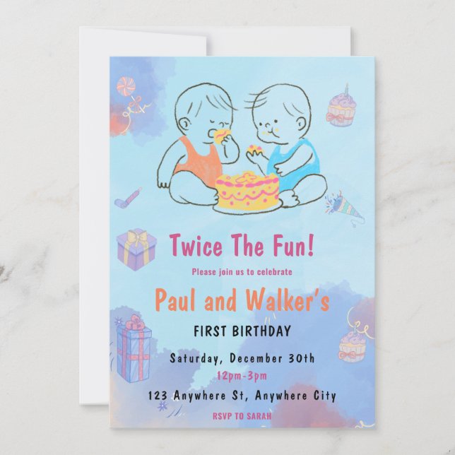 Twice The Fun Twin Birthday Party Invitation (Front)