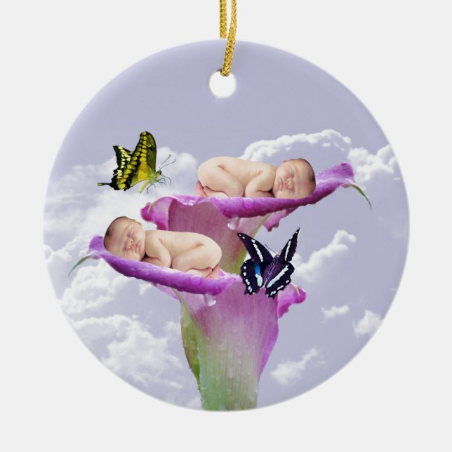 Twice the joy with baby twins shower invitation ceramic tree decoration (Front)