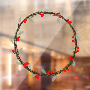 Twiggy Winter Wreath with Leaves and Berries Window Cling