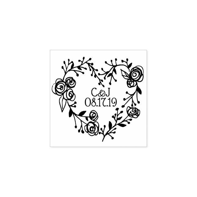 Twigs Berries and Roses Heart Wreath | Wedding Rubber Stamp (Imprint)