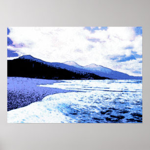 Twilight beach in shades of blue poster
