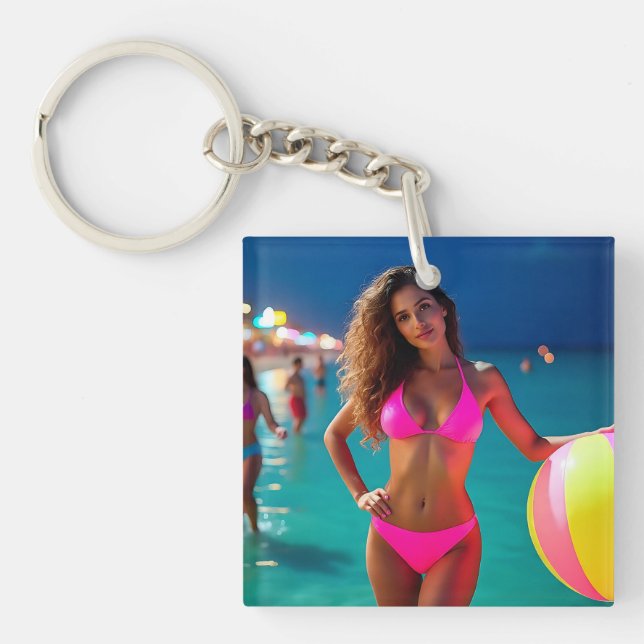 Twilight Beach Portrait — Woman in Neon Pink Bikin Key Ring (Front)
