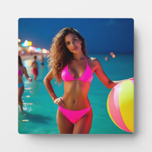 Twilight Beach Portrait — Woman in Neon Pink Bikin Plaque