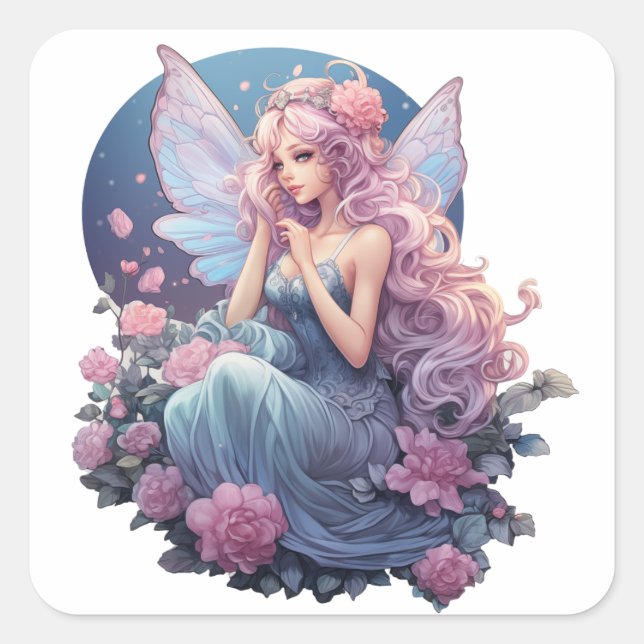 Twilight Blossom Fairy Illustration Square Sticker (Front)