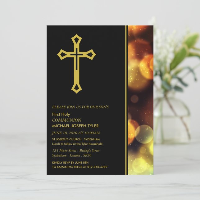 Twilight Bokeh Lights, First Holy Communion Invitation (Standing Front)