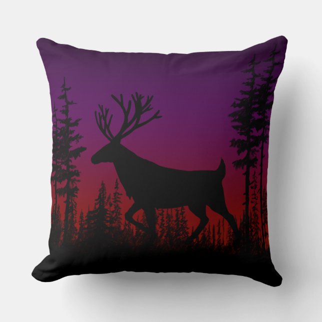 Twilight Dusk Woodland Pine Forest Stag Cushion (Front)