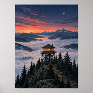 Twilight Fire Lookout Above Fog 12x16 Poster