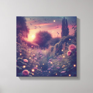 Twilight Firefly Garden with Wildflowers and Vines Canvas Print