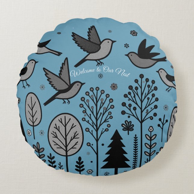 Twilight Forest Birds Round Cushion (Front)