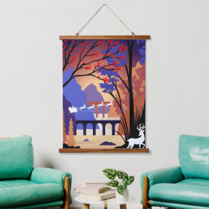 Twilight Forest Christmas Santa Sleigh Hanging Tapestry