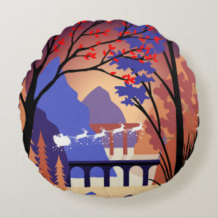 Twilight Forest Christmas Santa Sleigh Round Cushion
