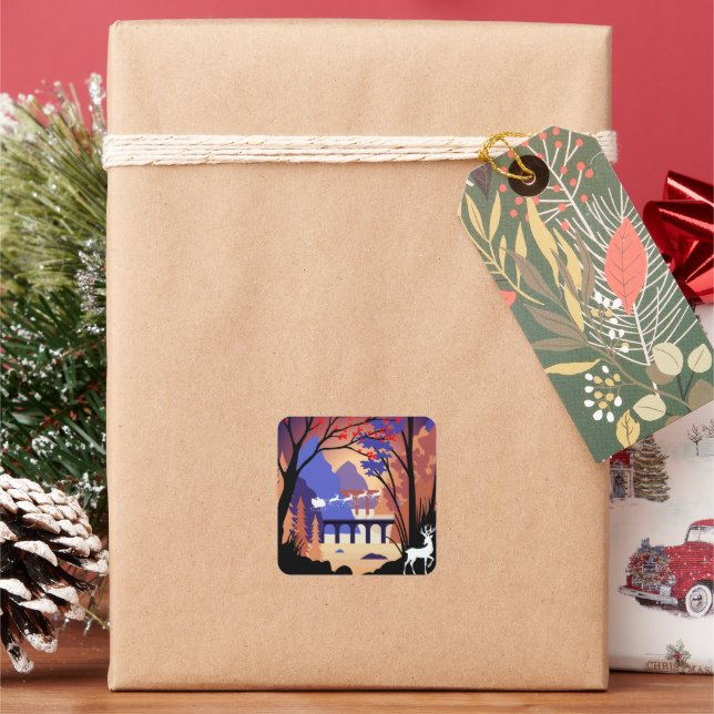 Twilight Forest Christmas Santa Sleigh Square Sticker (Holiday)