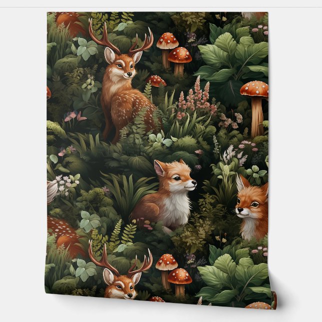 Twilight Forest Friends Botanical Wallpaper (Unrolling)