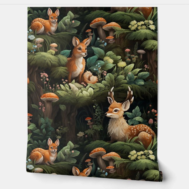 Twilight Forest Friends Botanical Wallpaper (Unrolling)