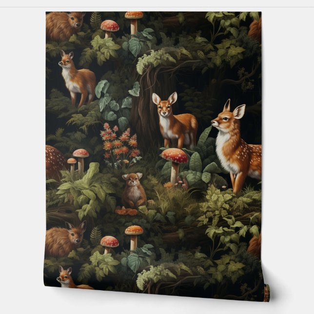 Twilight Forest Friends Botanical Wallpaper (Unrolling)