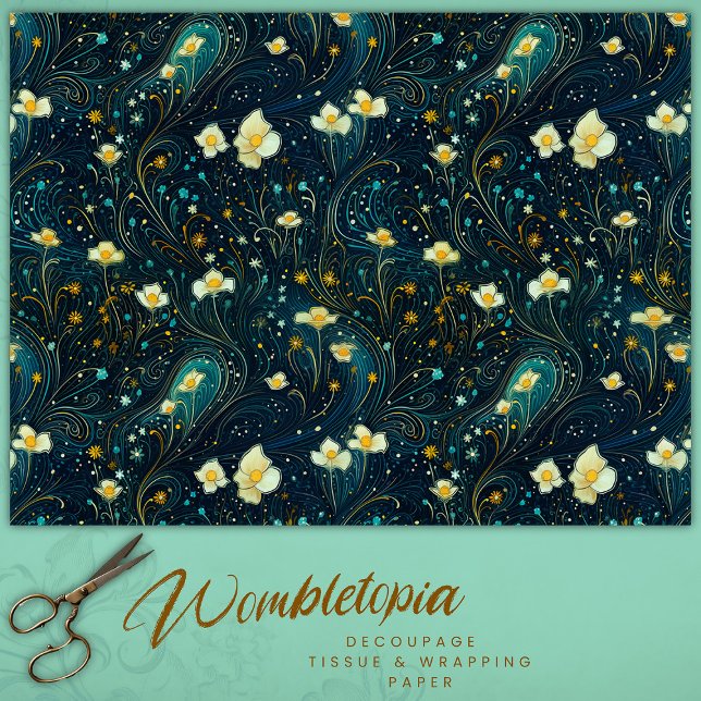 Twilight Garden Navy Blue, Gold Floral Decoupage Tissue Paper (Creator Uploaded)