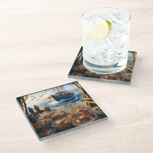 Twilight Harvest Fishermen Collecting Crabs Glass Coaster (Angled)
