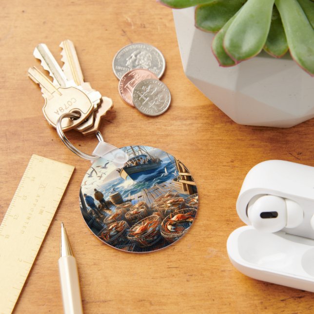 Twilight Harvest Fishermen Collecting Crabs Key Ring (Desk)
