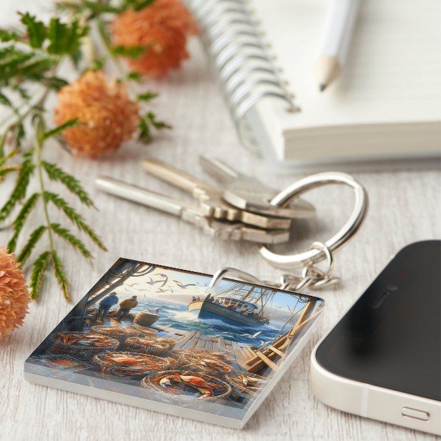 Twilight Harvest Fishermen Collecting Crabs Key Ring (Front Right)