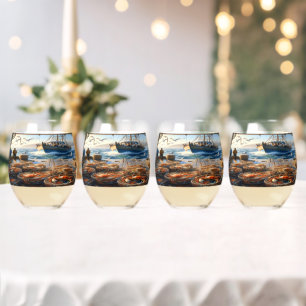 Twilight Harvest Fishermen Collecting Crabs Stemless Wine Glass