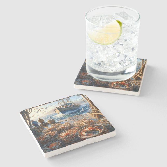 Twilight Harvest Fishermen Collecting Crabs Stone Coaster (Side)