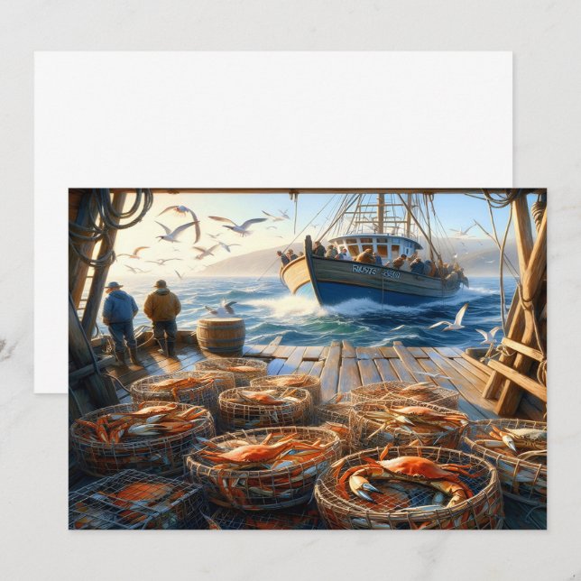 Twilight Harvest Fishermen Collecting Crabs Thank You Card (Front/Back)