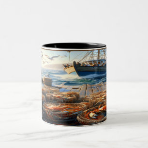 Twilight Harvest Fishermen Collecting Crabs Two-Tone Coffee Mug