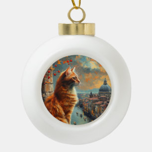 Twilight in Venice   Ginger Cat on a Canal Ceramic Ball Christmas Ornament