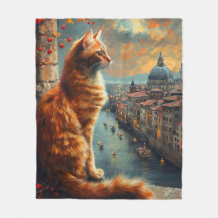 Twilight in Venice Ginger Cat on a Canal Fleece Blanket