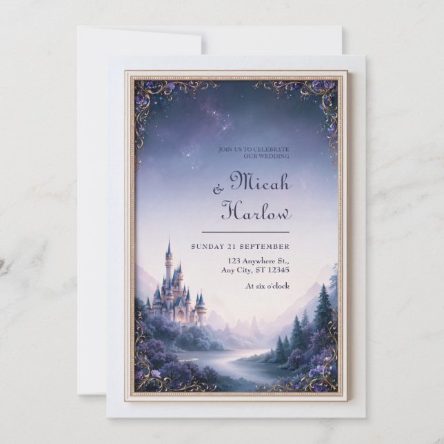 Twilight Lavender Castle Garden Wedding Invitation (Front)