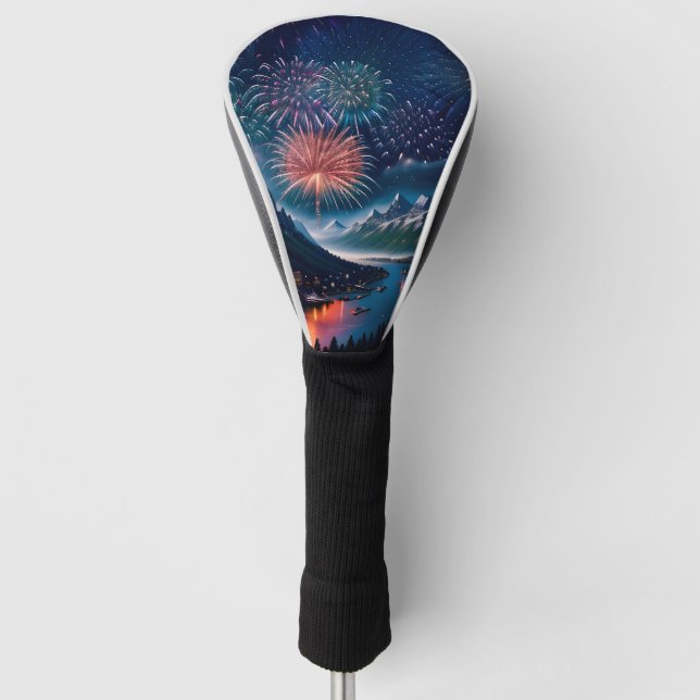 Twilight Mountain with Fireworks Golf Head Cover (Front)